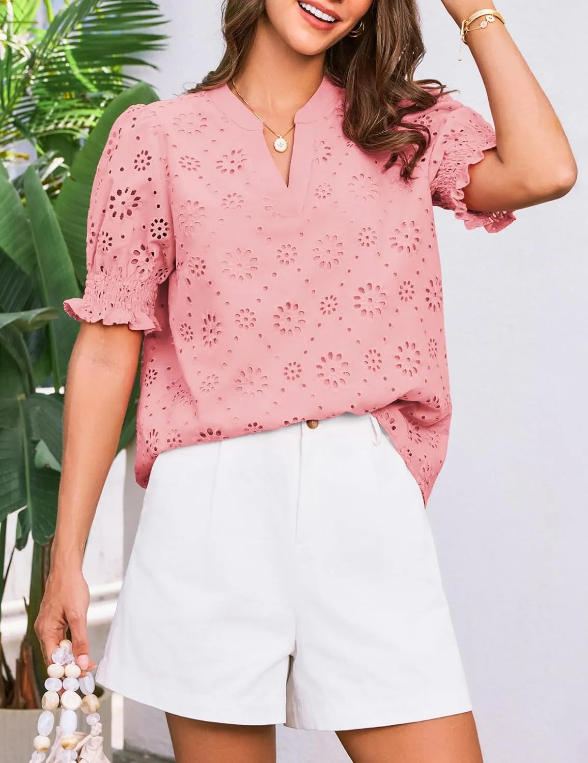 GRACE KARIN Women's Summer Tops Puff Short Sleeve V Neck Blouses Hollow Out Lace Embroidered Blouses Shirts