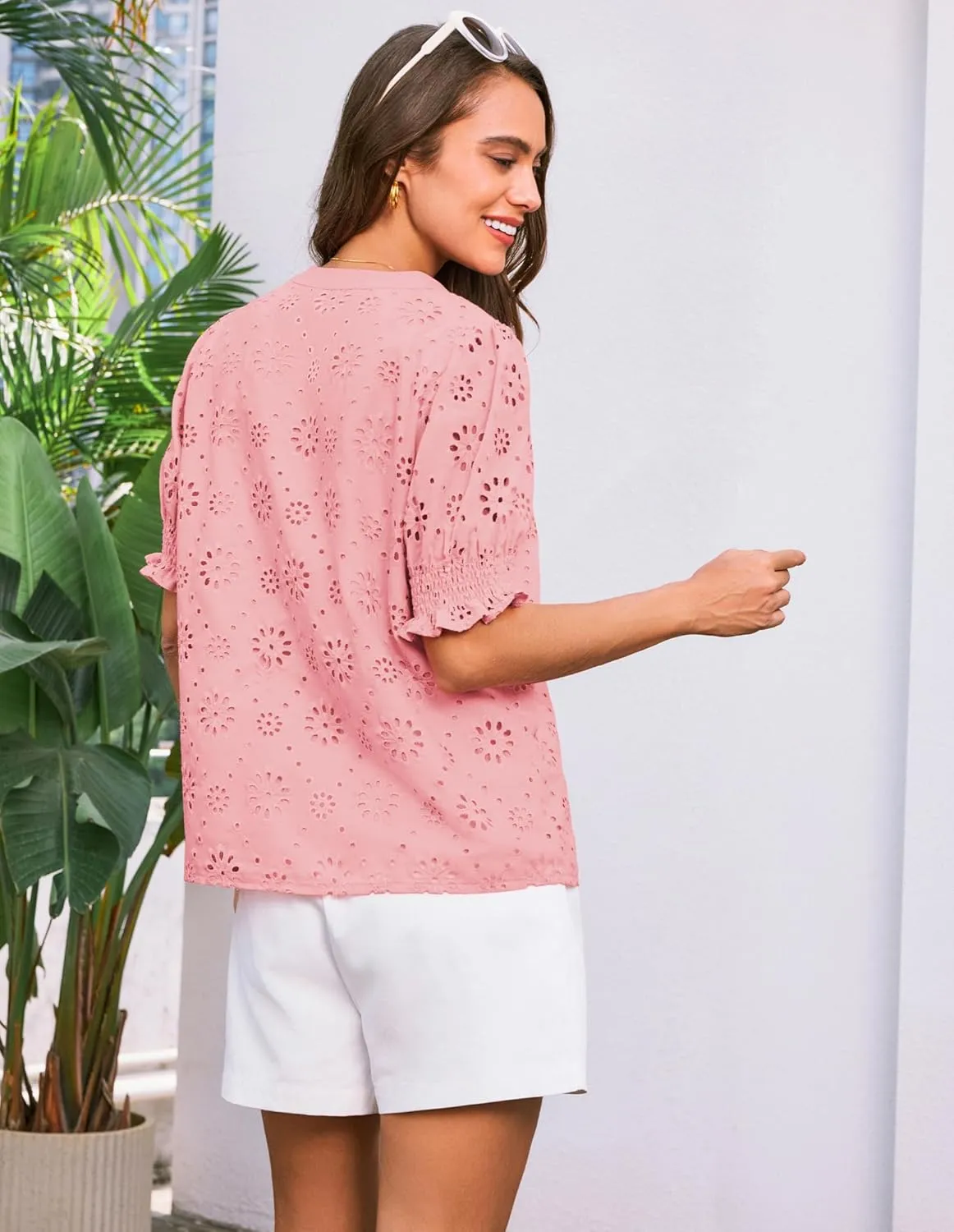 GRACE KARIN Women's Summer Tops Puff Short Sleeve V Neck Blouses Hollow Out Lace Embroidered Blouses Shirts