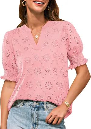 GRACE KARIN Women's Summer Tops Puff Short Sleeve V Neck Blouses Hollow Out Lace Embroidered Blouses Shirts