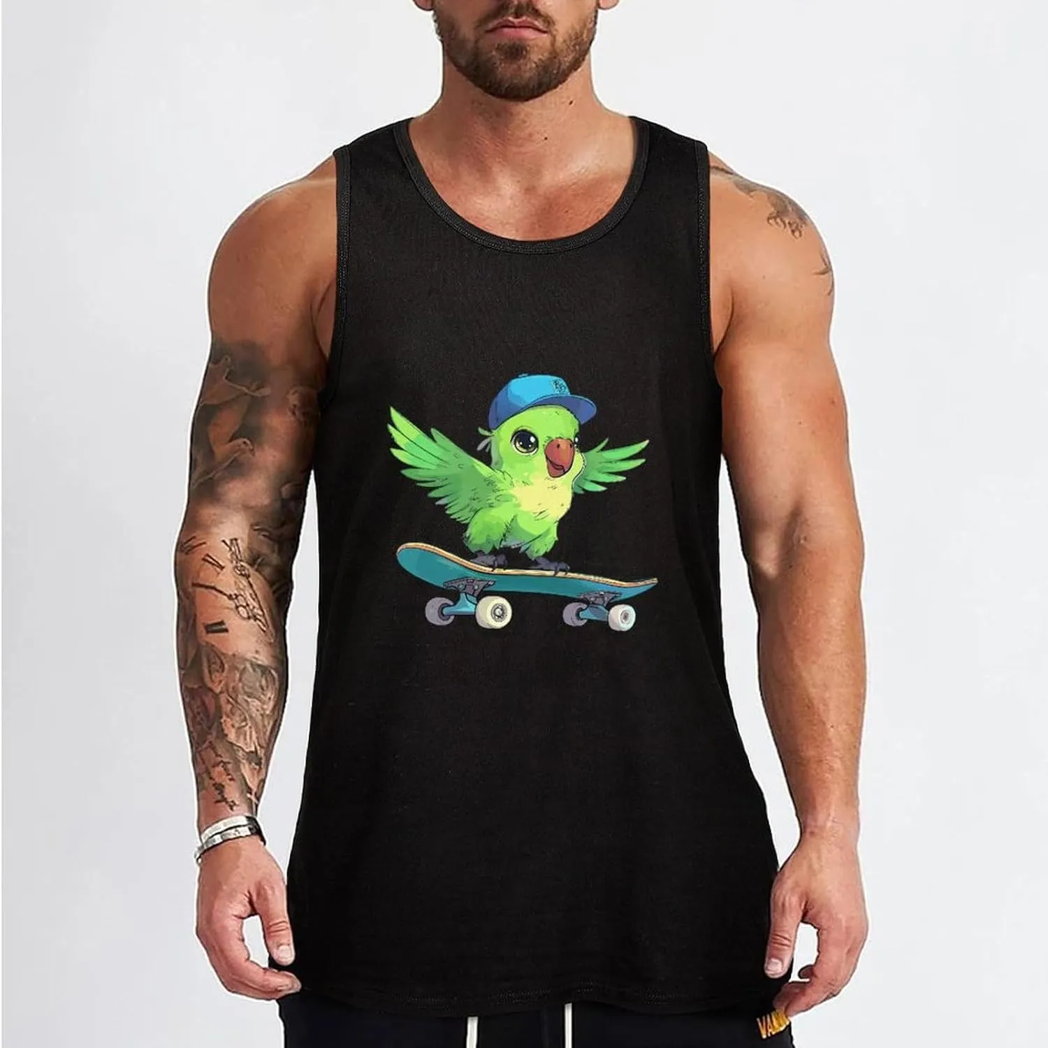 Green Bird with Hat and Skateboard Mens Tank Top Cotton Undershirt Crewneck Sleeveless Shirt for Summer