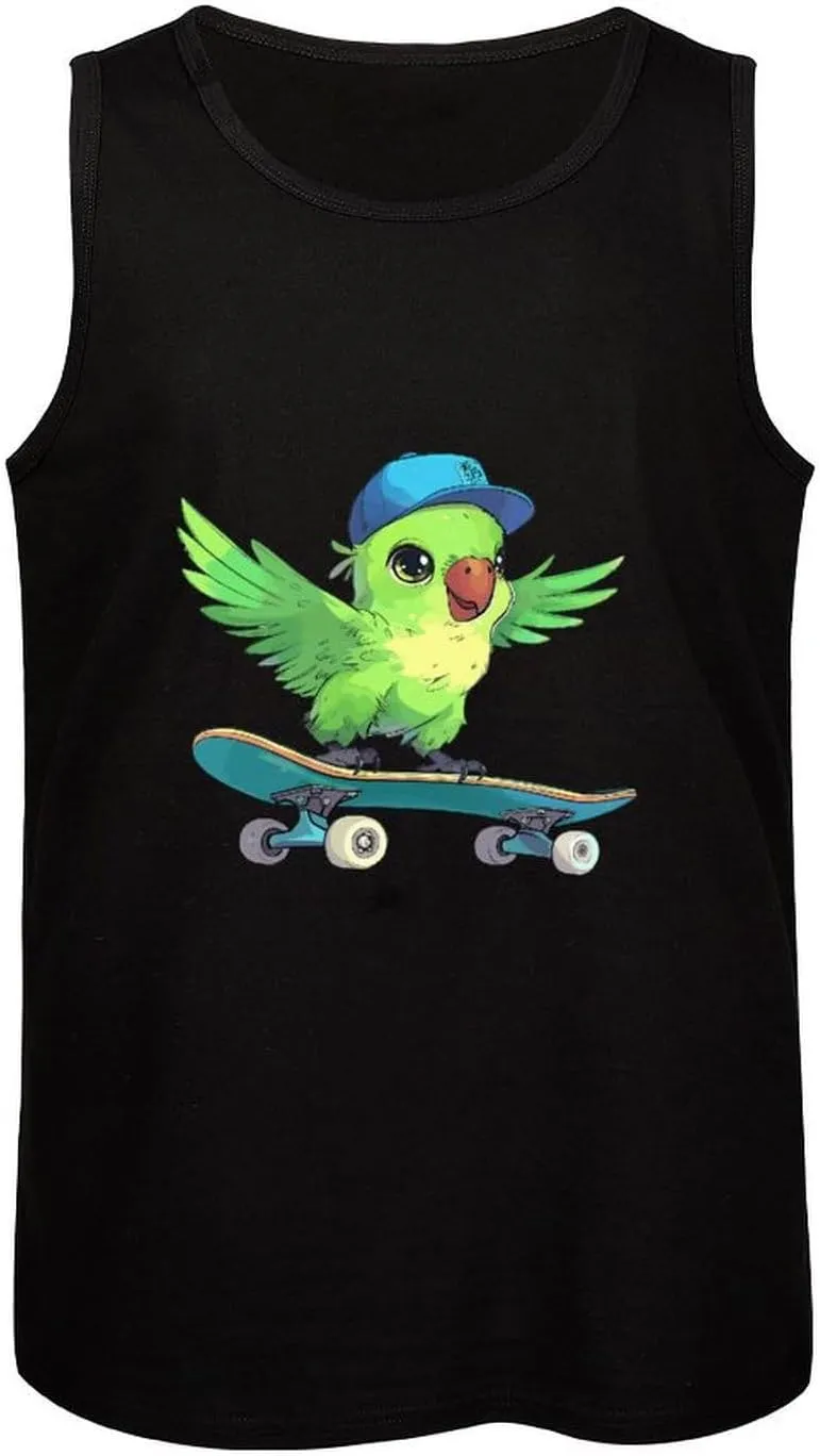 Green Bird with Hat and Skateboard Mens Tank Top Cotton Undershirt Crewneck Sleeveless Shirt for Summer