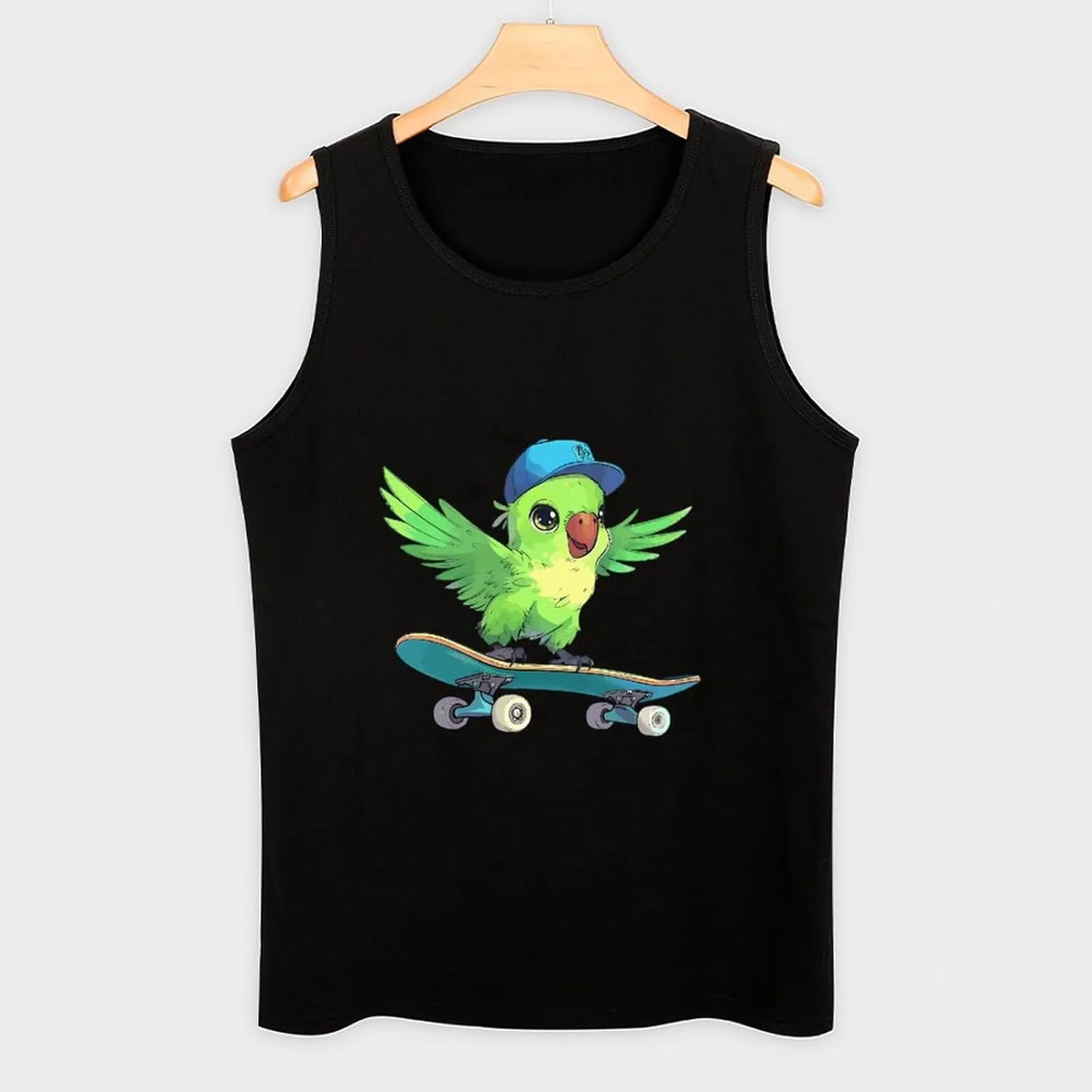 Green Bird with Hat and Skateboard Mens Tank Top Cotton Undershirt Crewneck Sleeveless Shirt for Summer