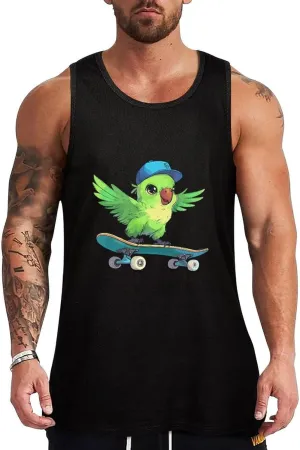 Green Bird with Hat and Skateboard Mens Tank Top Cotton Undershirt Crewneck Sleeveless Shirt for Summer