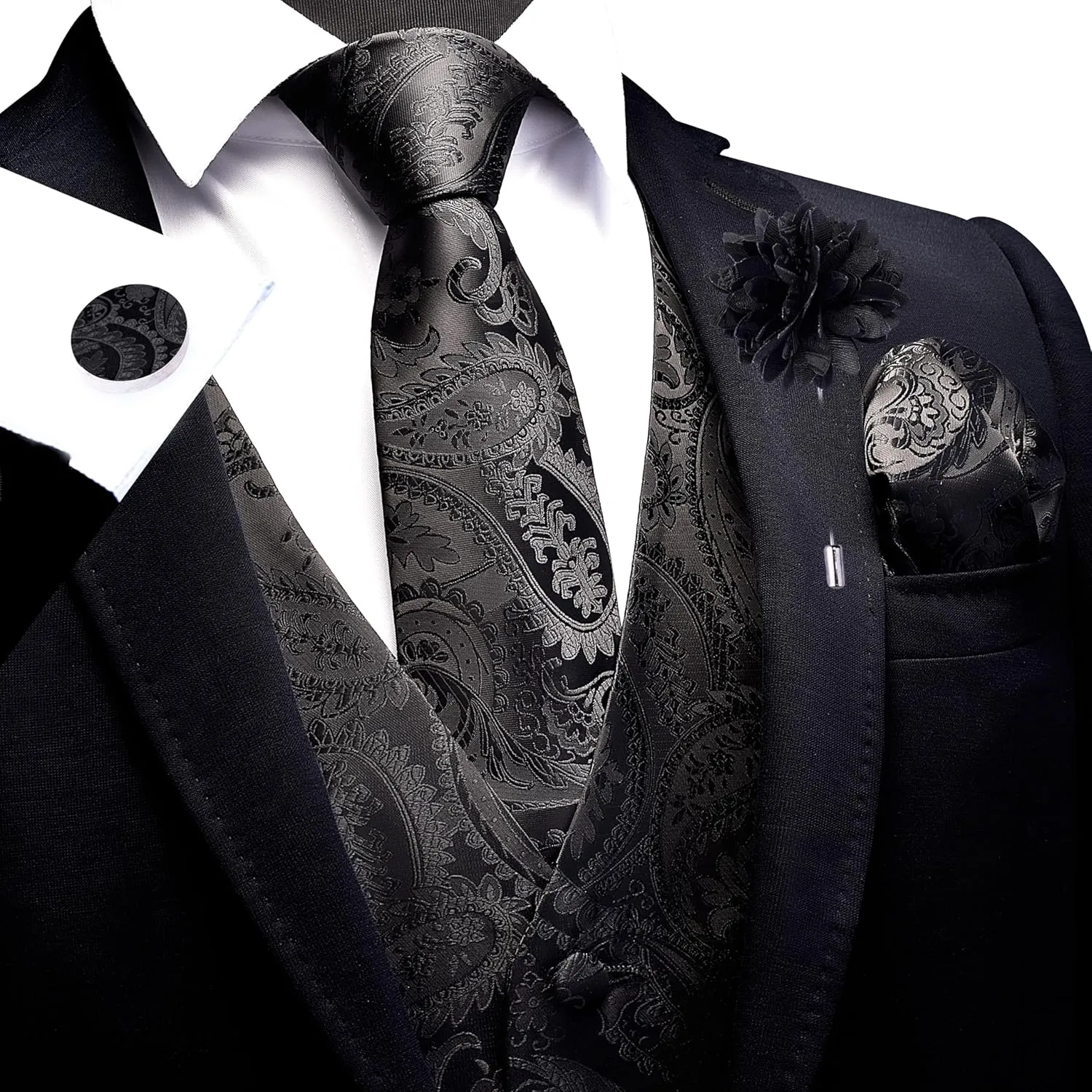 GUSLESON Men's V-Neck Suit Vests Formal Men Vest Paisley Jacquard Tie Waistcoat Bow tie Hanky Set Wedding 7PCS