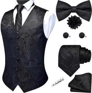 GUSLESON Men's V-Neck Suit Vests Formal Men Vest Paisley Jacquard Tie Waistcoat Bow tie Hanky Set Wedding 7PCS