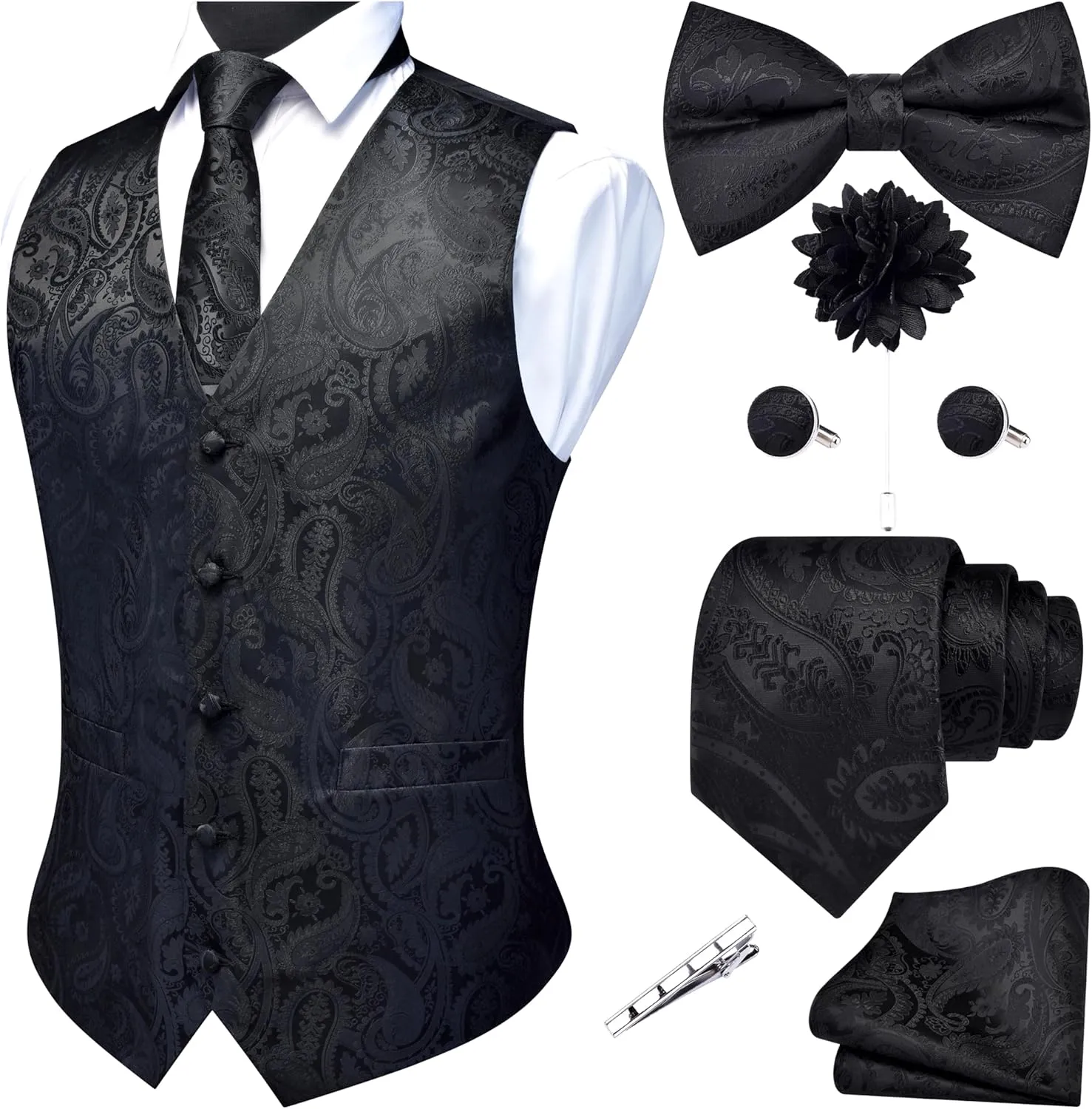 GUSLESON Men's V-Neck Suit Vests Formal Men Vest Paisley Jacquard Tie Waistcoat Bow tie Hanky Set Wedding 7PCS