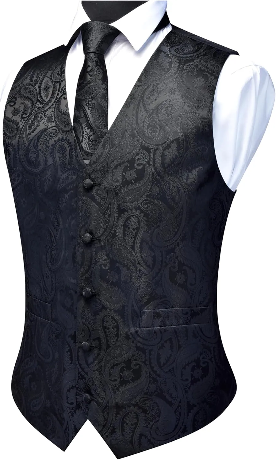 GUSLESON Men's V-Neck Suit Vests Formal Men Vest Paisley Jacquard Tie Waistcoat Bow tie Hanky Set Wedding 7PCS