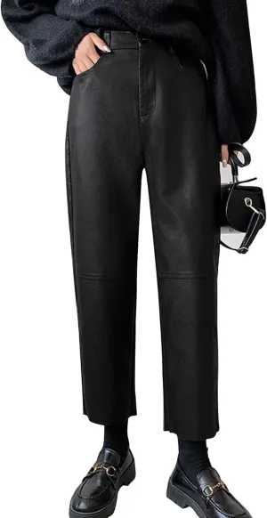 HaoMay Women's Faux Leather Pants Straight Leg High Waist Ankle Pleather Trousers