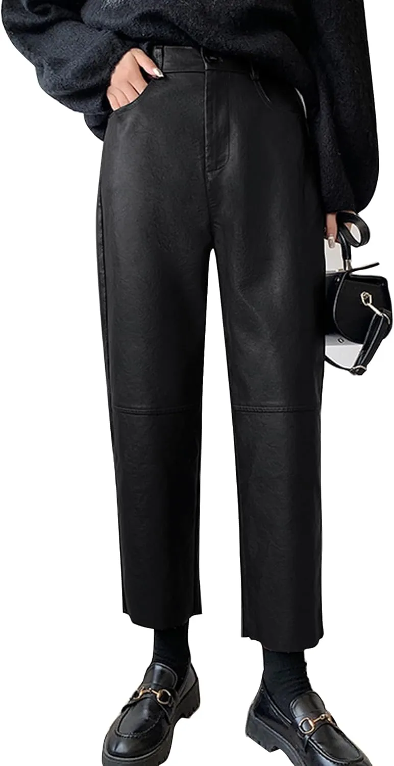 HaoMay Women's Faux Leather Pants Straight Leg High Waist Ankle Pleather Trousers