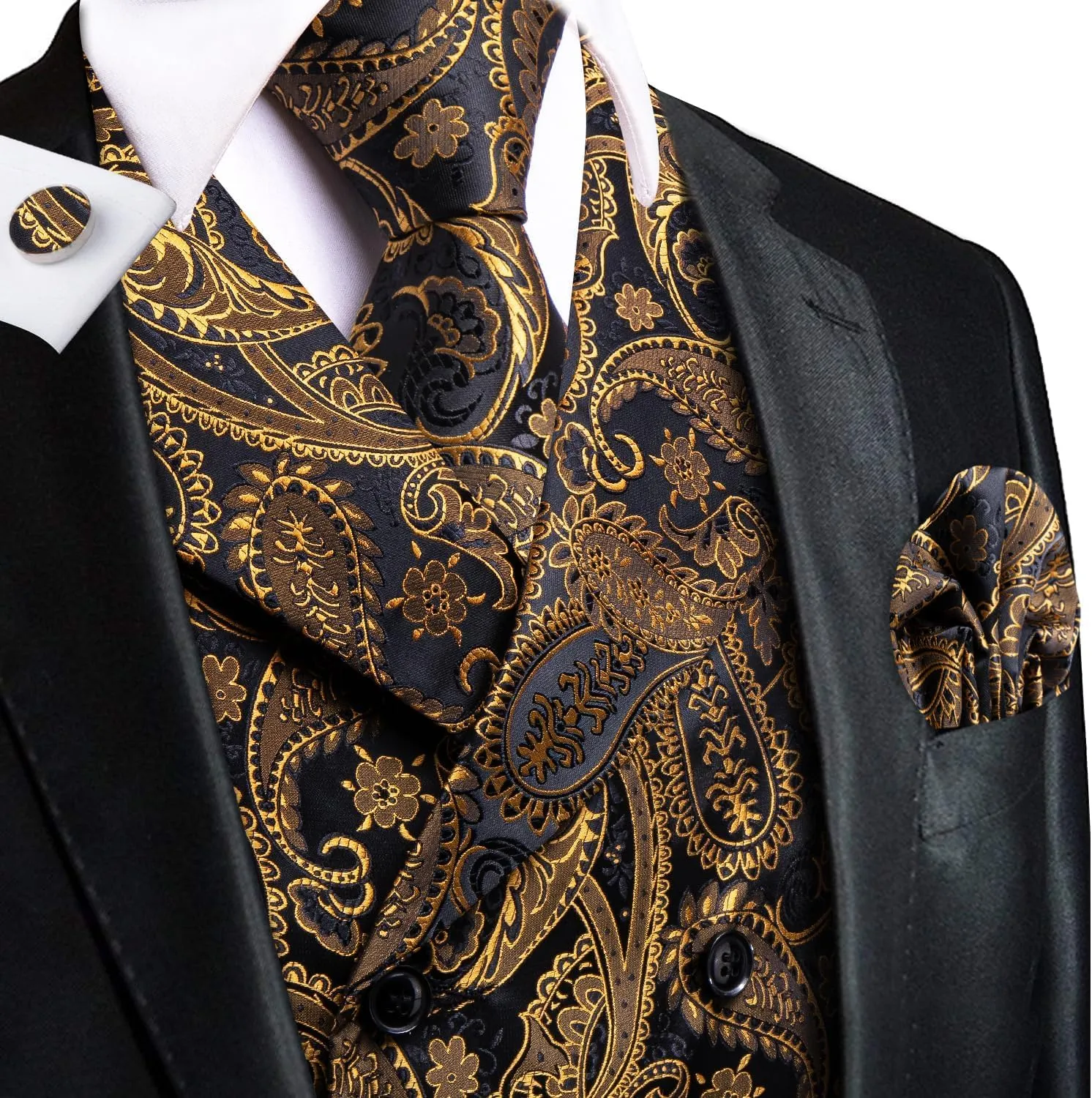 Hi-Tie Mens Silk Paisley Victorian Suit Vests Tie Set Lapel Pin Gold Tie Clip Double Breasted Steampunk Tuxedo Waistcoat