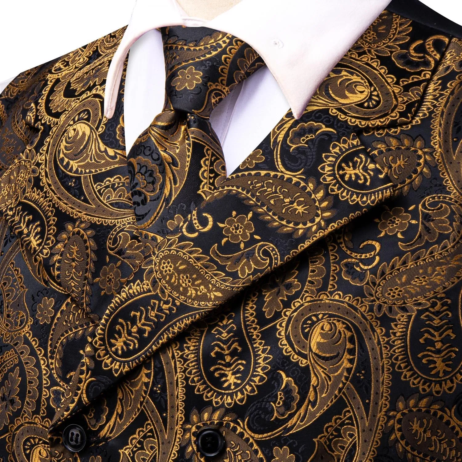 Hi-Tie Mens Silk Paisley Victorian Suit Vests Tie Set Lapel Pin Gold Tie Clip Double Breasted Steampunk Tuxedo Waistcoat