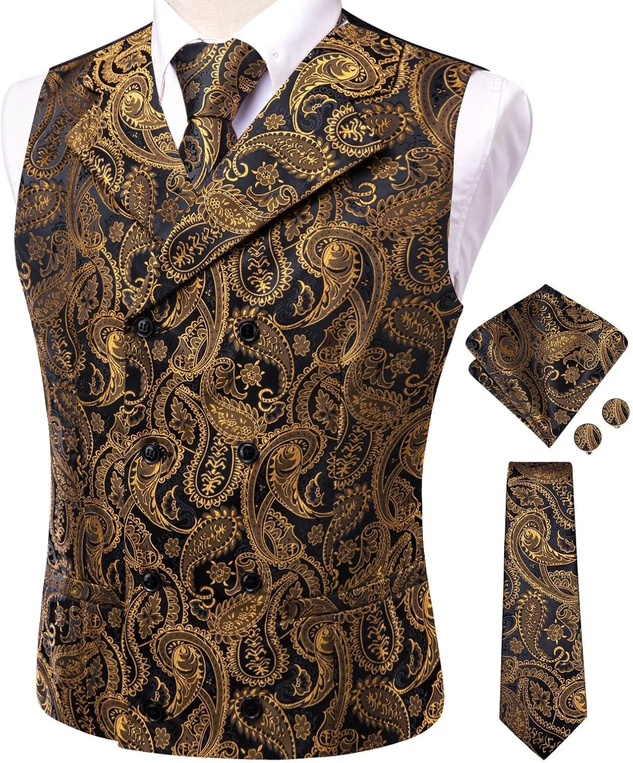 Hi-Tie Mens Silk Paisley Victorian Suit Vests Tie Set Lapel Pin Gold Tie Clip Double Breasted Steampunk Tuxedo Waistcoat