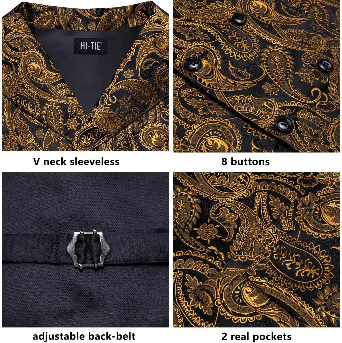 Hi-Tie Mens Silk Paisley Victorian Suit Vests Tie Set Lapel Pin Gold Tie Clip Double Breasted Steampunk Tuxedo Waistcoat