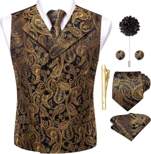 Hi-Tie Mens Silk Paisley Victorian Suit Vests Tie Set Lapel Pin Gold Tie Clip Double Breasted Steampunk Tuxedo Waistcoat