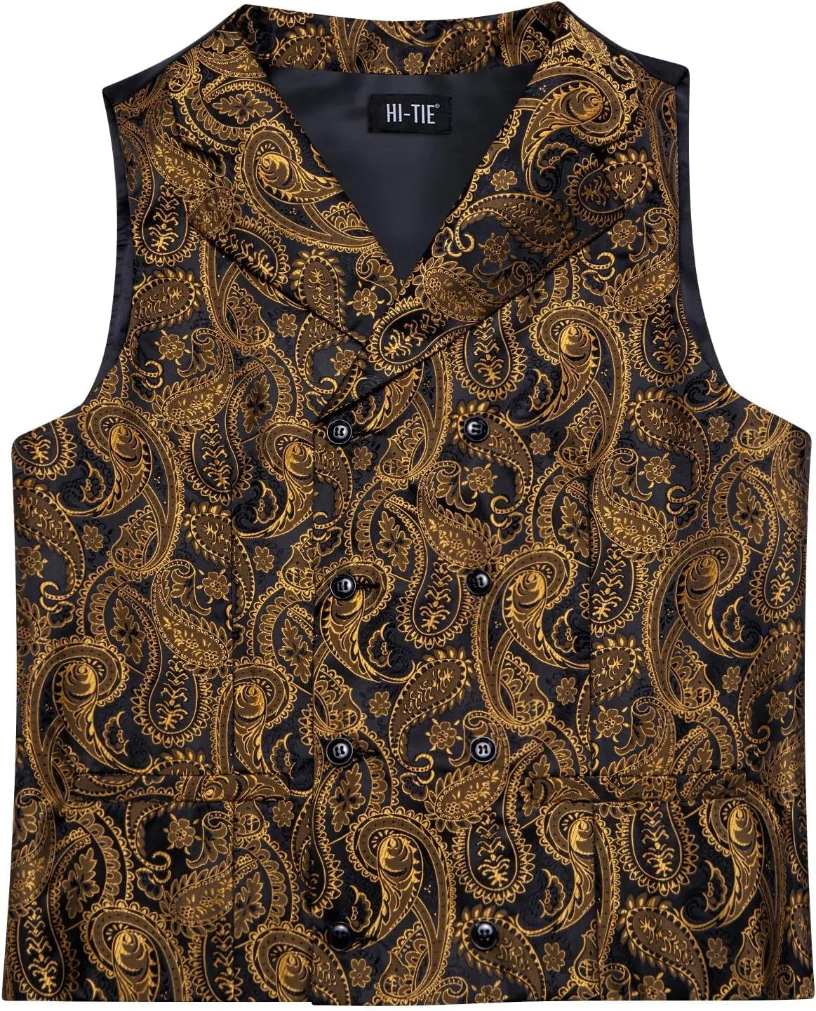 Hi-Tie Mens Silk Paisley Victorian Suit Vests Tie Set Lapel Pin Gold Tie Clip Double Breasted Steampunk Tuxedo Waistcoat