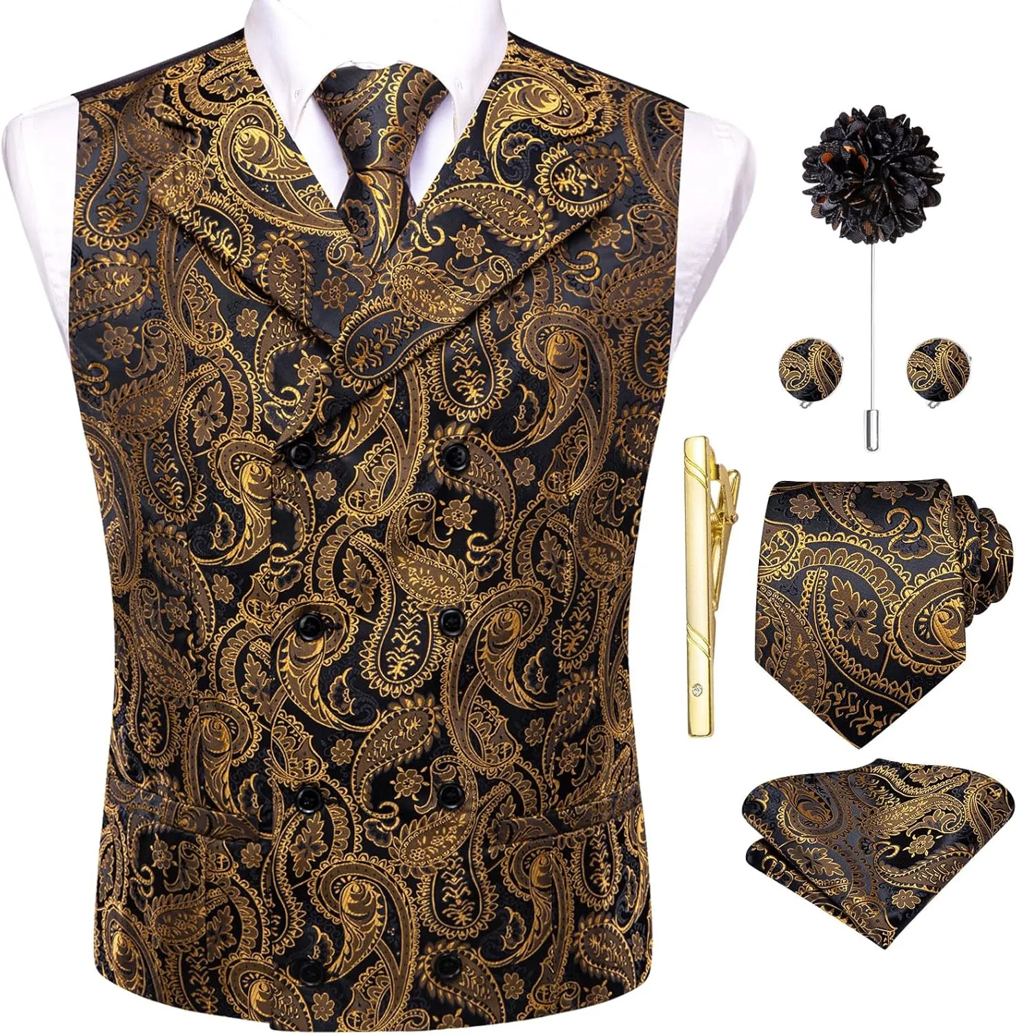 Hi-Tie Mens Silk Paisley Victorian Suit Vests Tie Set Lapel Pin Gold Tie Clip Double Breasted Steampunk Tuxedo Waistcoat