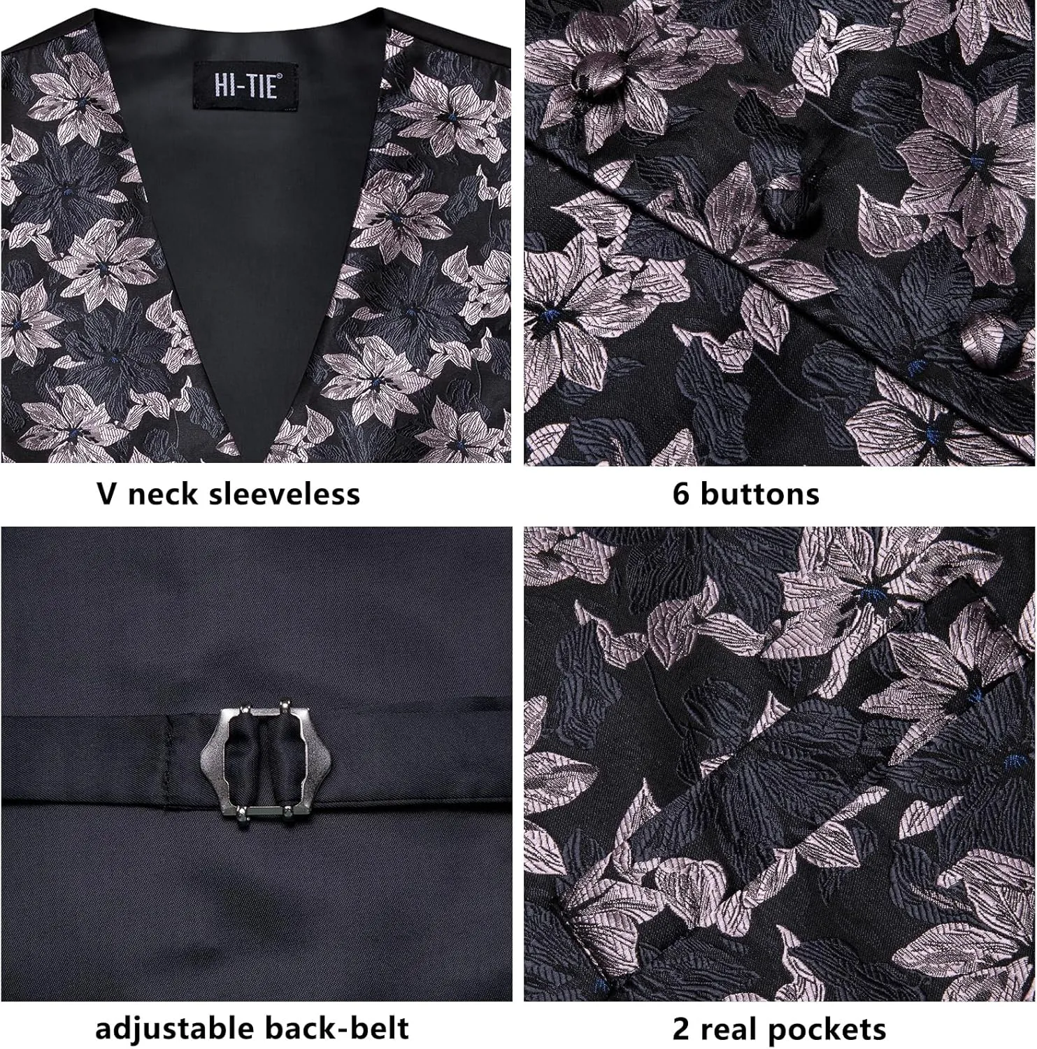 Hi-Tie Silk Mens Suit Vests and Tie Set Lapel Pin Gold Tie Clip Paisley Floral Casual Waistcoat Tuxedo Wedding Party Business