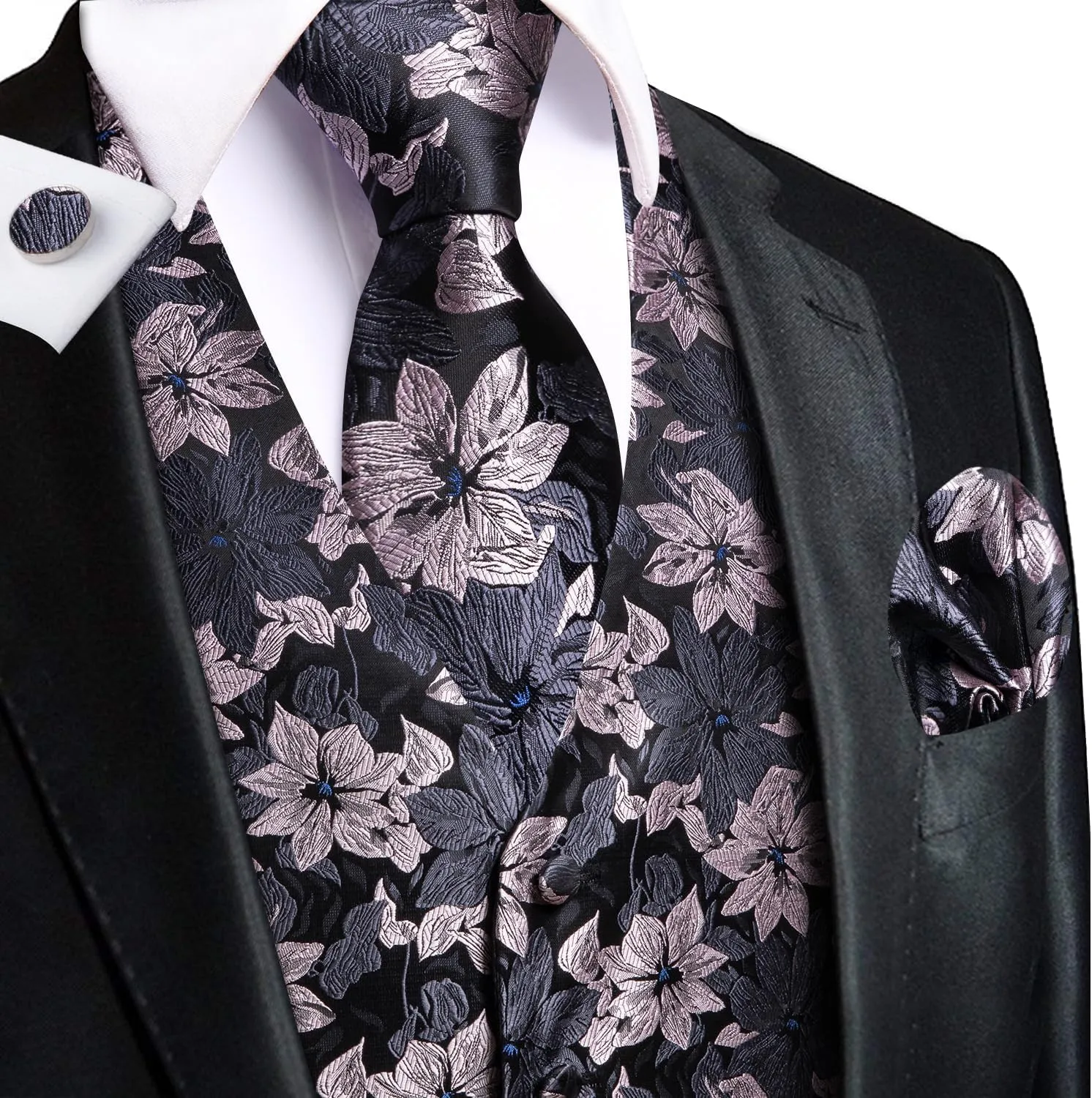 Hi-Tie Silk Mens Suit Vests and Tie Set Lapel Pin Gold Tie Clip Paisley Floral Casual Waistcoat Tuxedo Wedding Party Business