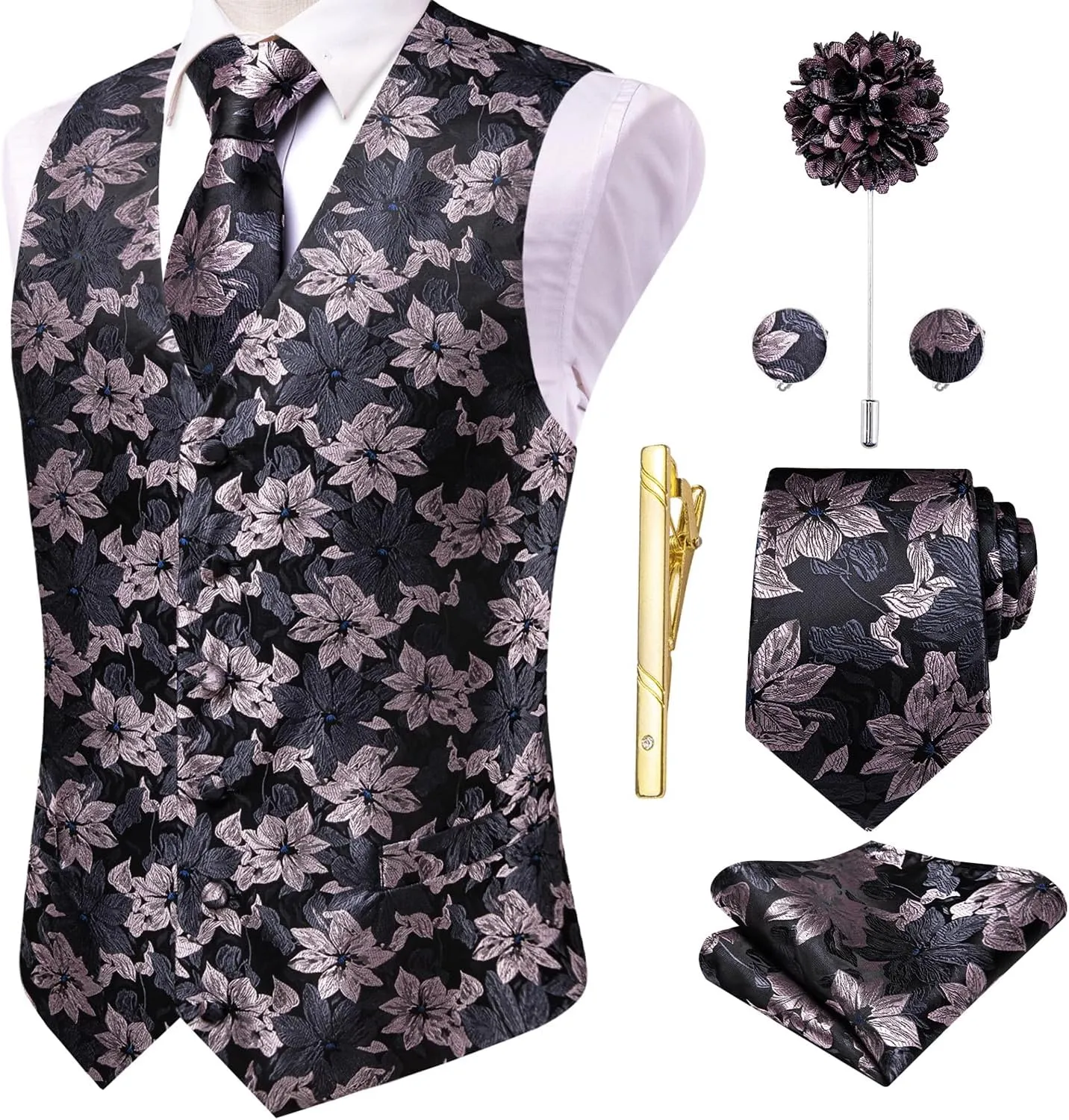 Hi-Tie Silk Mens Suit Vests and Tie Set Lapel Pin Gold Tie Clip Paisley Floral Casual Waistcoat Tuxedo Wedding Party Business