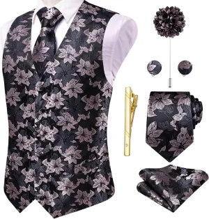 Hi-Tie Silk Mens Suit Vests and Tie Set Lapel Pin Gold Tie Clip Paisley Floral Casual Waistcoat Tuxedo Wedding Party Business