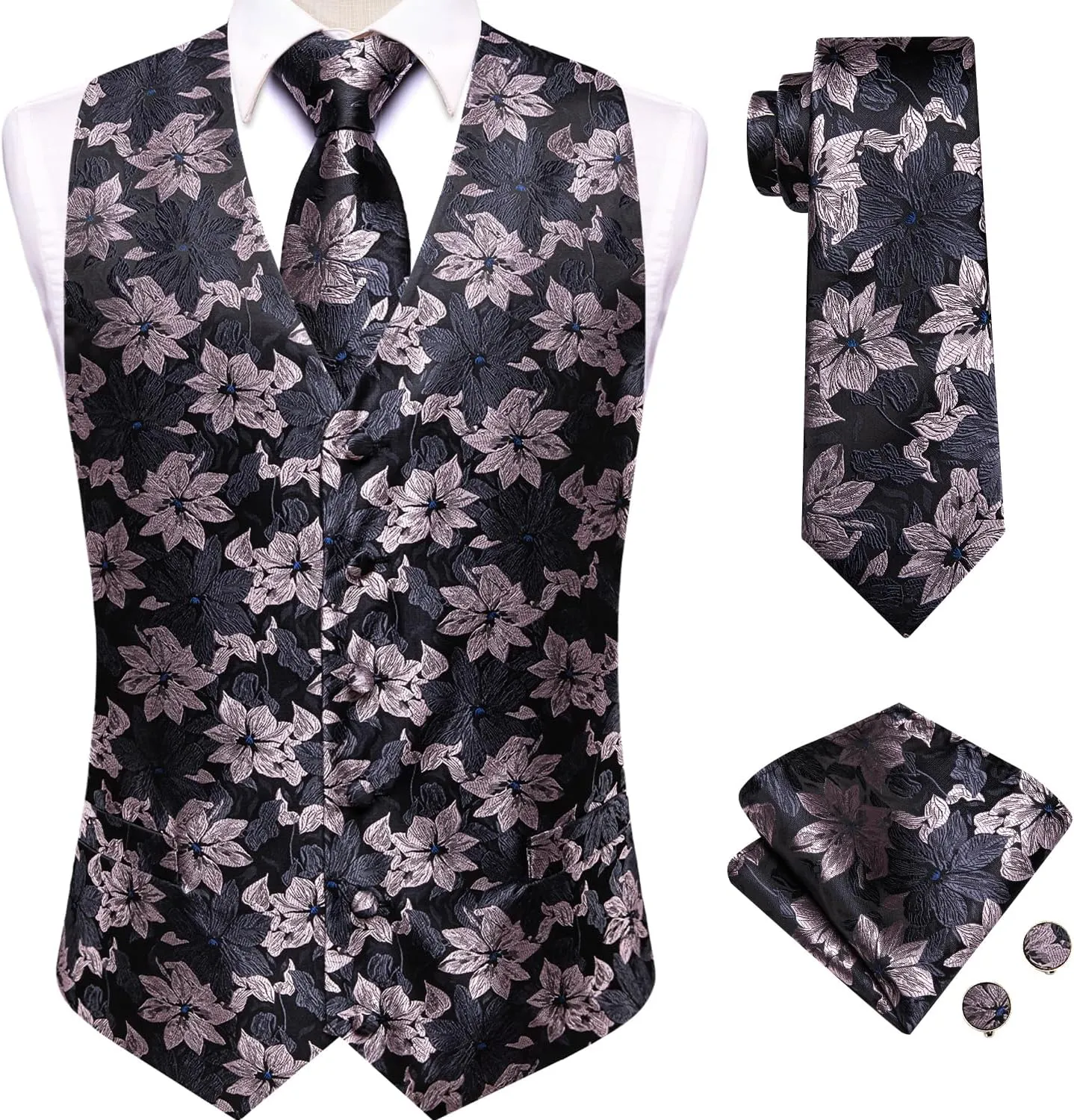 Hi-Tie Silk Mens Suit Vests and Tie Set Lapel Pin Gold Tie Clip Paisley Floral Casual Waistcoat Tuxedo Wedding Party Business