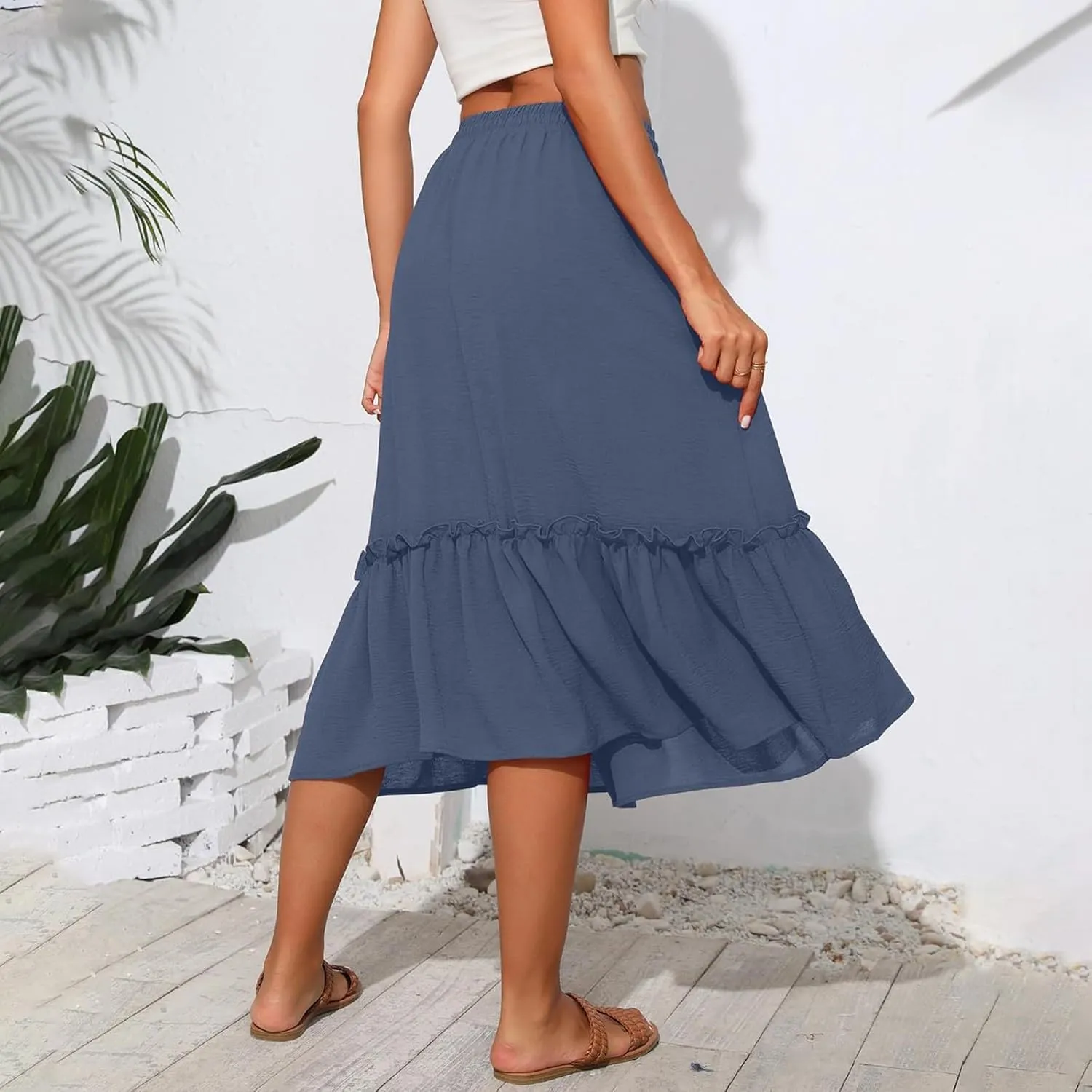 High Waisted Skirts for Women 2025 Cotton Flowy A Line Tiered Midi Skirt with Pockets Summer Beach Comfy Casual Skirt