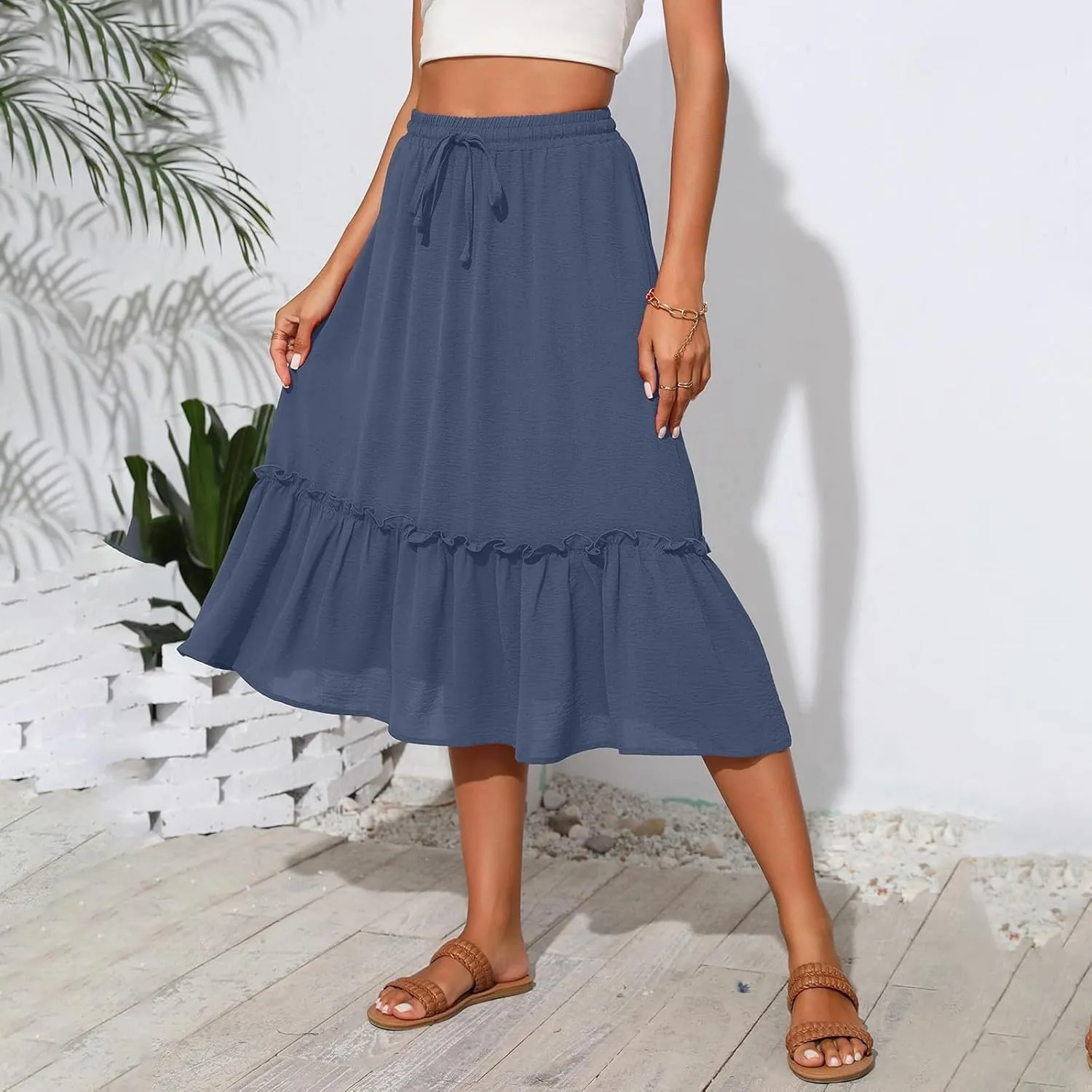 High Waisted Skirts for Women 2025 Cotton Flowy A Line Tiered Midi Skirt with Pockets Summer Beach Comfy Casual Skirt