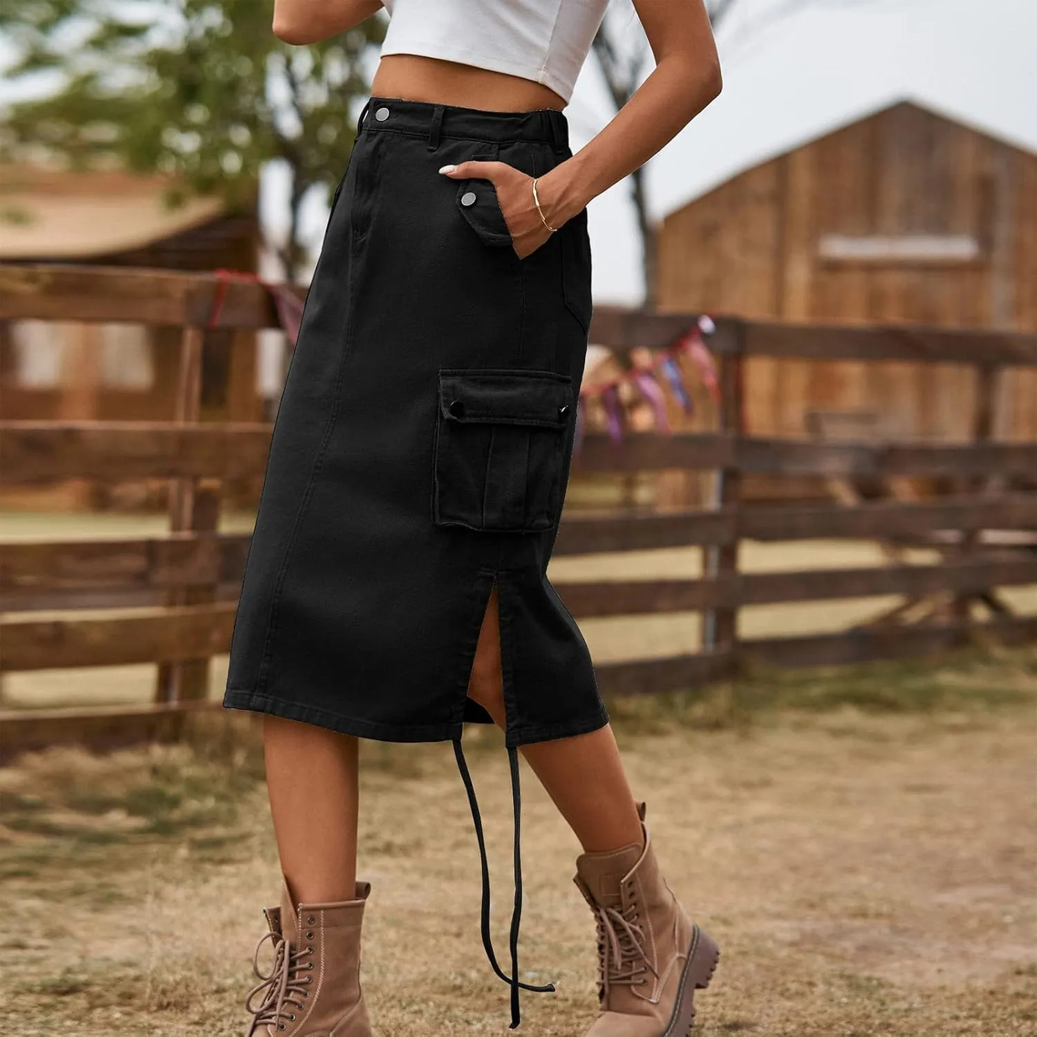 High Waisted Skirts Women's Casual a Line Flare Pleated Jean Denim Skirt with Pocket Black Skirts for Women