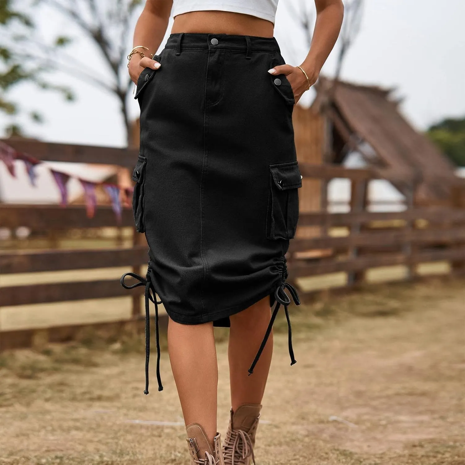 High Waisted Skirts Women's Casual a Line Flare Pleated Jean Denim Skirt with Pocket Black Skirts for Women