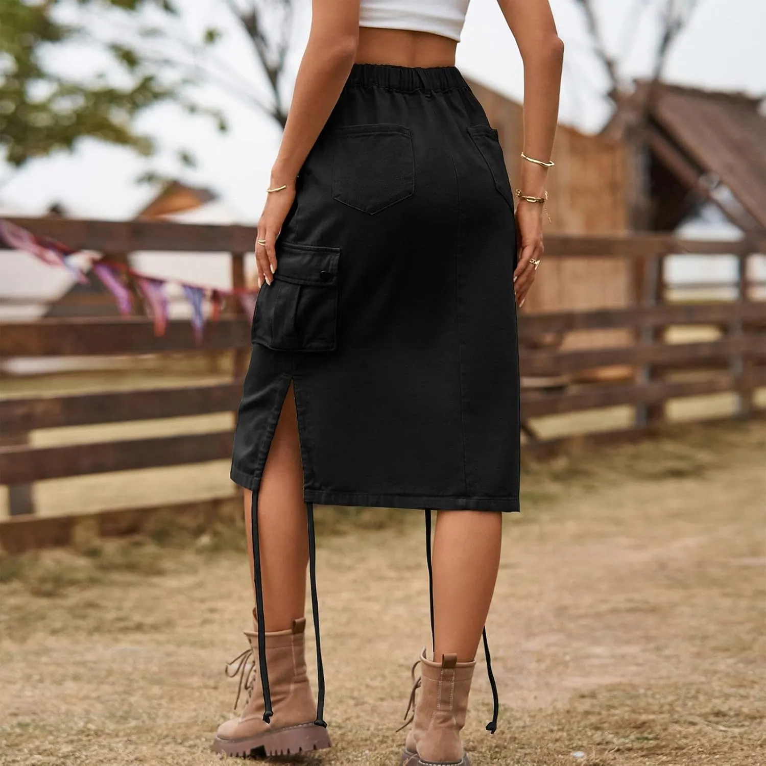 High Waisted Skirts Women's Casual a Line Flare Pleated Jean Denim Skirt with Pocket Black Skirts for Women