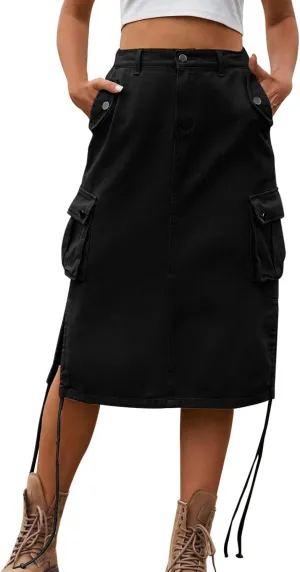 High Waisted Skirts Women's Casual a Line Flare Pleated Jean Denim Skirt with Pocket Black Skirts for Women
