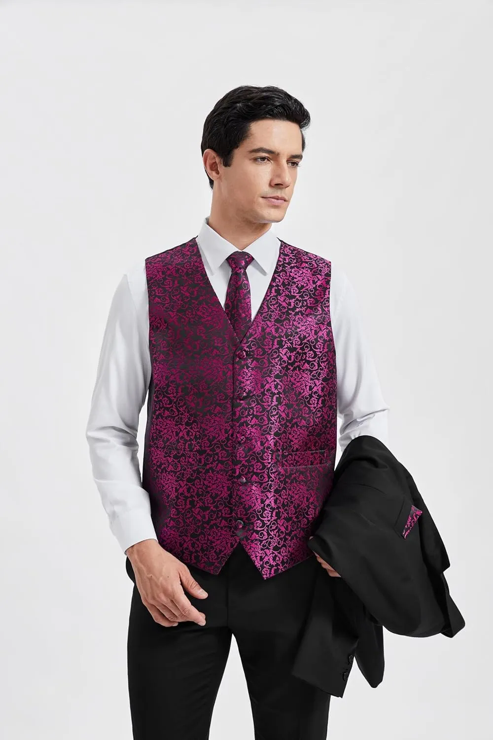 HISDERN Mens Vest Tie Set 3PC Formal Waistcoat Paisley Floral Jacquard Necktie Pocket Square Suit Vests Wedding Party