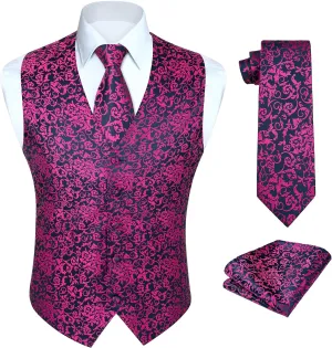 HISDERN Mens Vest Tie Set 3PC Formal Waistcoat Paisley Floral Jacquard Necktie Pocket Square Suit Vests Wedding Party