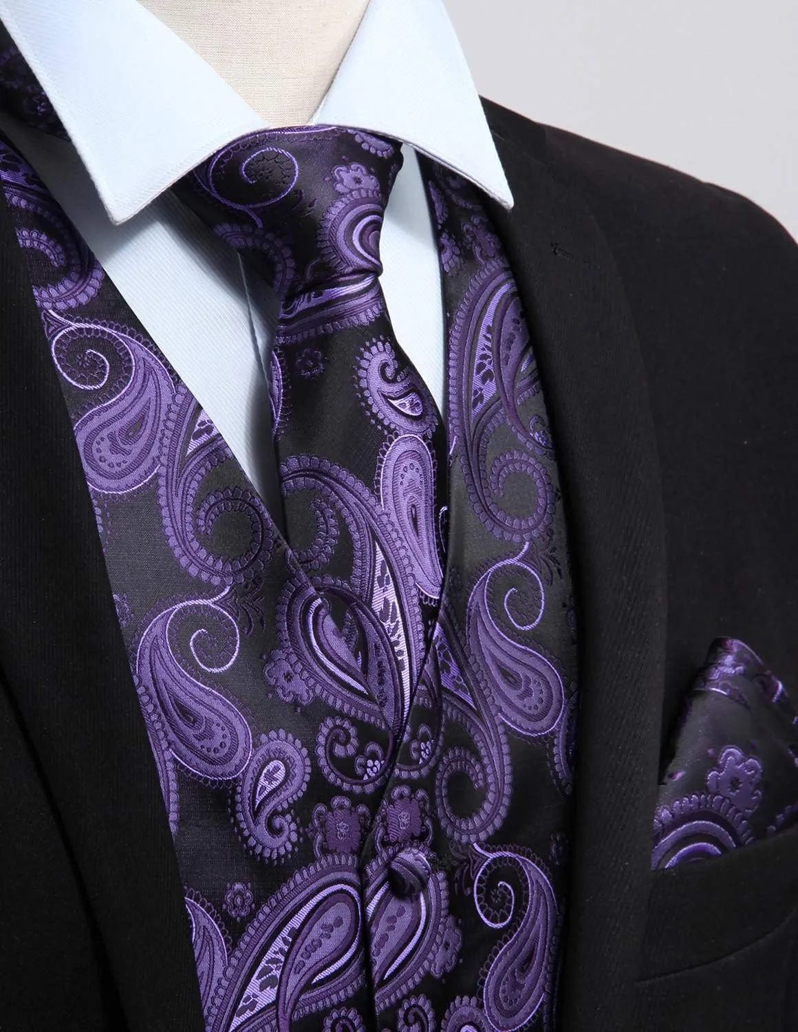 HISDERN Mens Vest Tie Set 3PC Formal Waistcoat Paisley Floral Jacquard Necktie Pocket Square Suit Vests Wedding Party