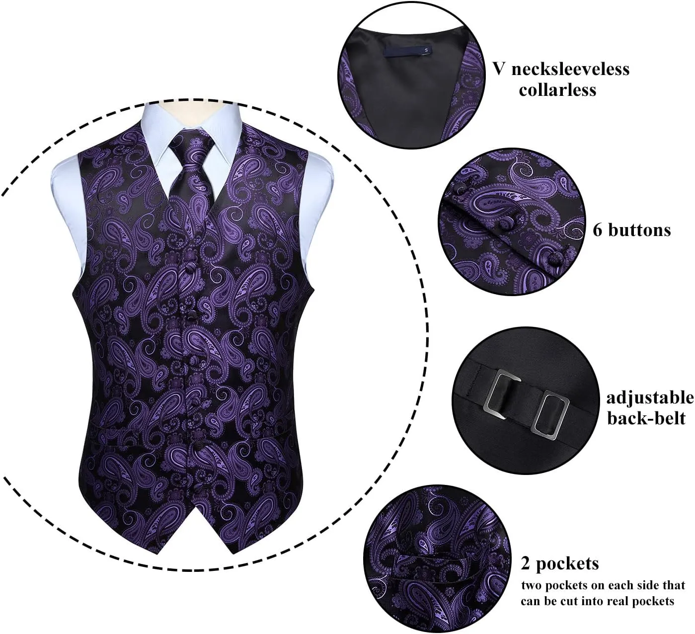 HISDERN Mens Vest Tie Set 3PC Formal Waistcoat Paisley Floral Jacquard Necktie Pocket Square Suit Vests Wedding Party