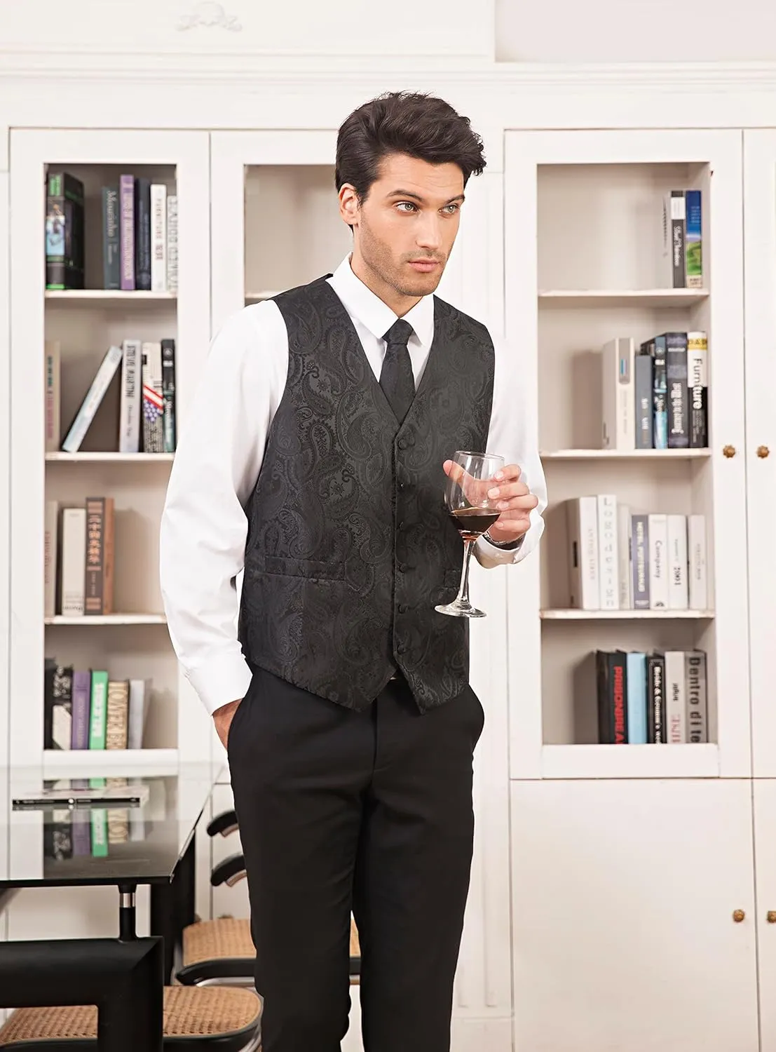 HISDERN Mens Vest Tie Set 3PC Formal Waistcoat Paisley Floral Jacquard Necktie Pocket Square Suit Vests Wedding Party
