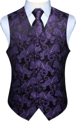 HISDERN Mens Vest Tie Set 3PC Formal Waistcoat Paisley Floral Jacquard Necktie Pocket Square Suit Vests Wedding Party