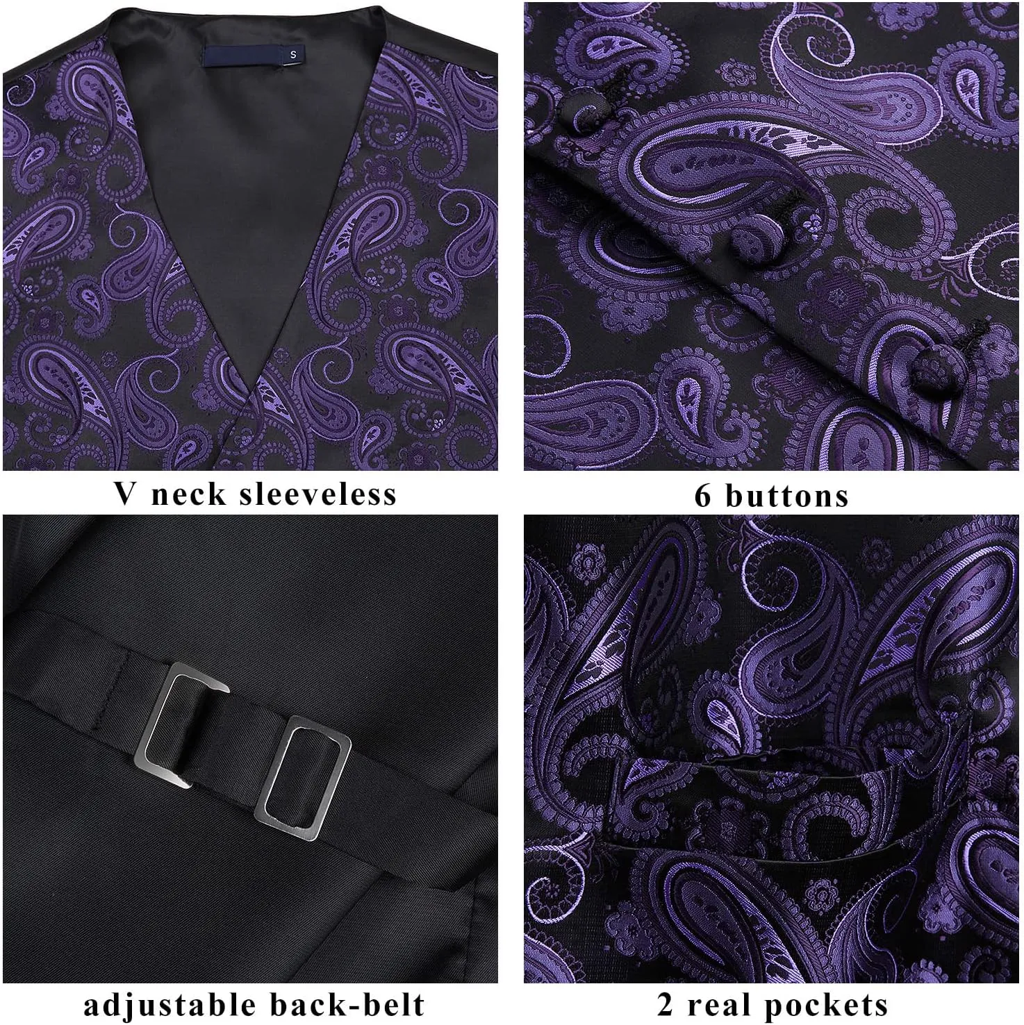 HISDERN Mens Vest Tie Set 3PC Formal Waistcoat Paisley Floral Jacquard Necktie Pocket Square Suit Vests Wedding Party