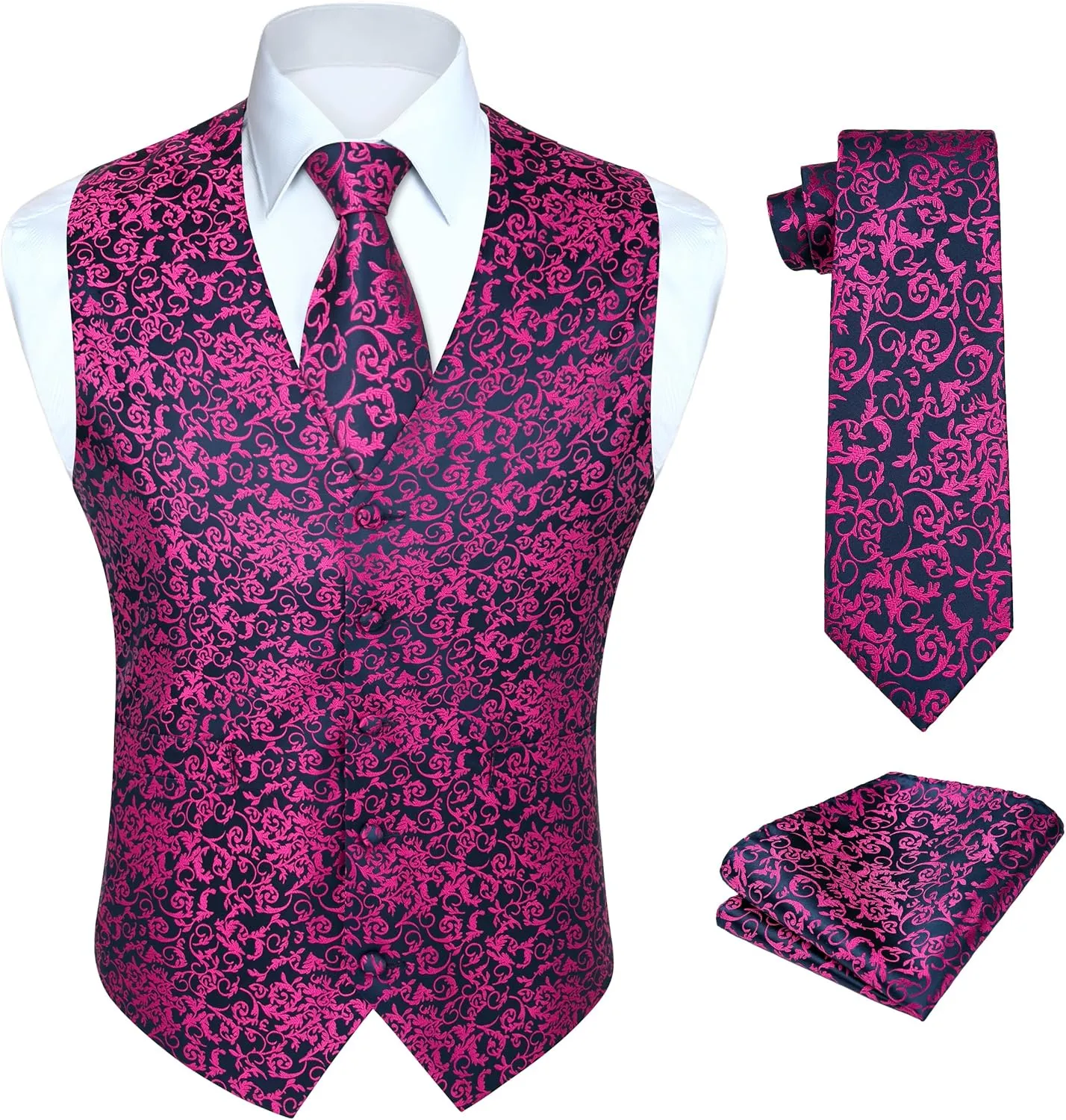HISDERN Mens Vest Tie Set 3PC Formal Waistcoat Paisley Floral Jacquard Necktie Pocket Square Suit Vests Wedding Party