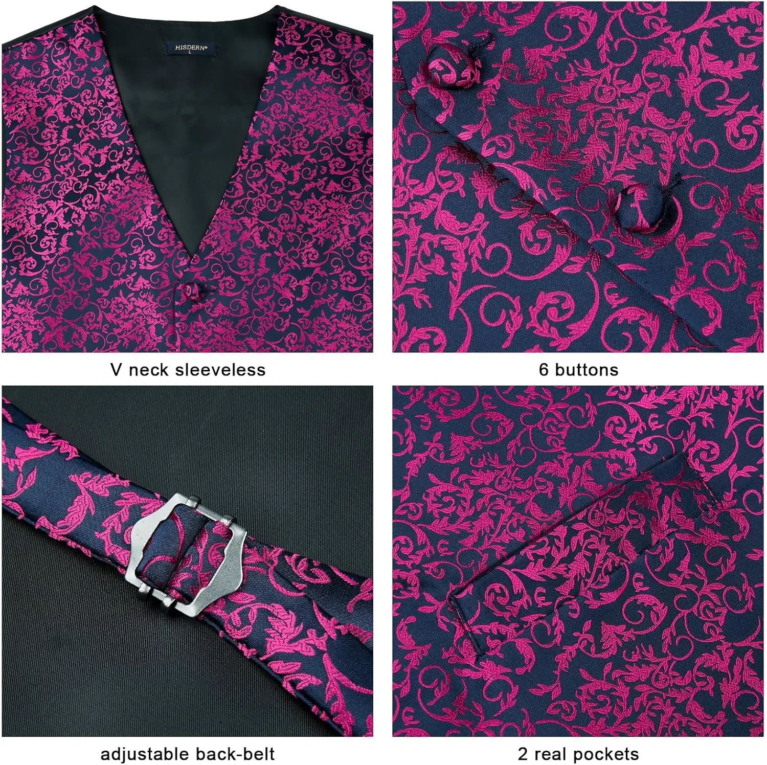 HISDERN Mens Vest Tie Set 3PC Formal Waistcoat Paisley Floral Jacquard Necktie Pocket Square Suit Vests Wedding Party