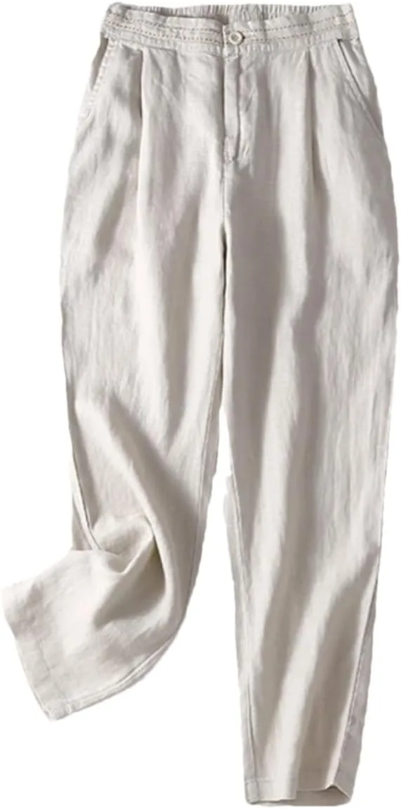 Hndudnff Woman Solid with Pocket Pants Elastic Waist Harem Pants Loose Casual Office Trousers