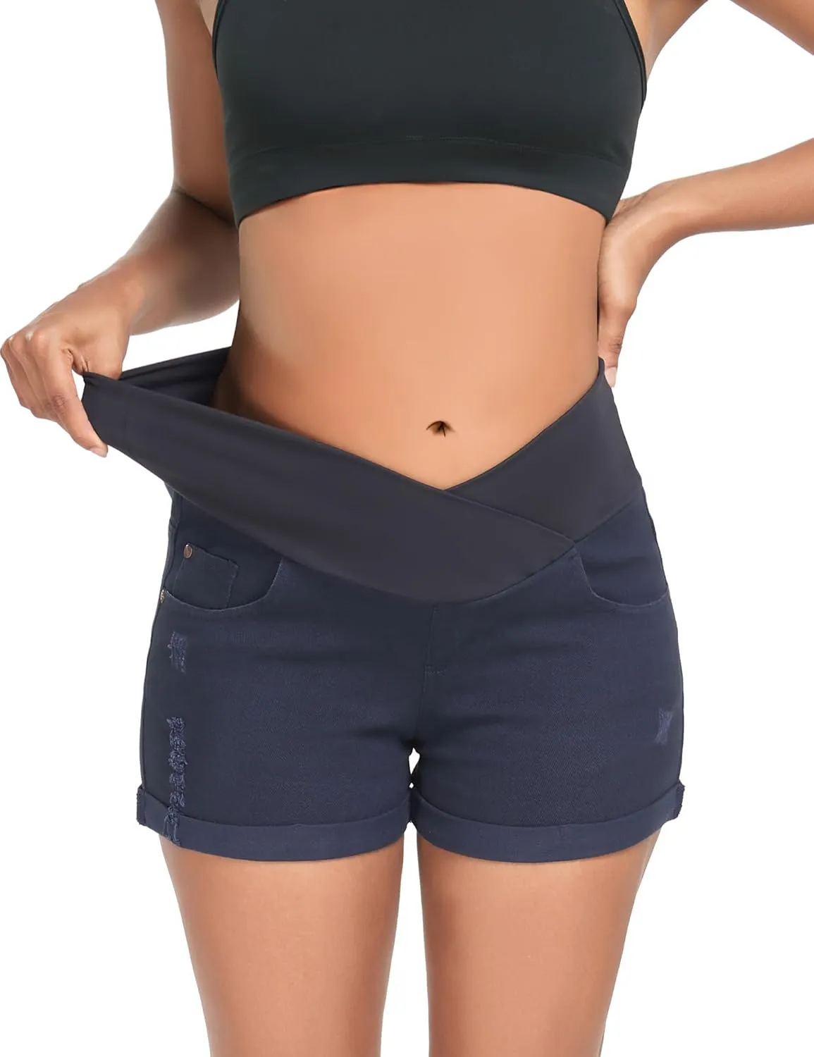 HOFISH Womens Maternity Jeans Shorts Over The Belly Stretchy Comfy Denim Pants Casual Workout Pregnancy Shorts