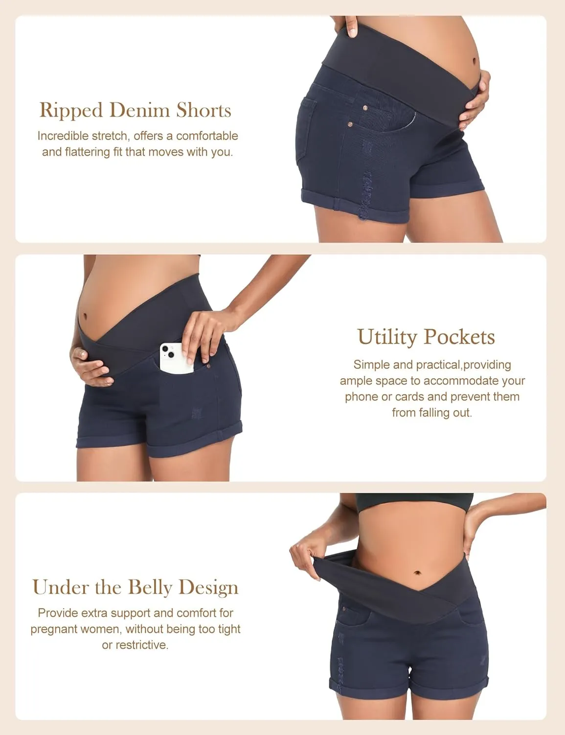 HOFISH Womens Maternity Jeans Shorts Over The Belly Stretchy Comfy Denim Pants Casual Workout Pregnancy Shorts