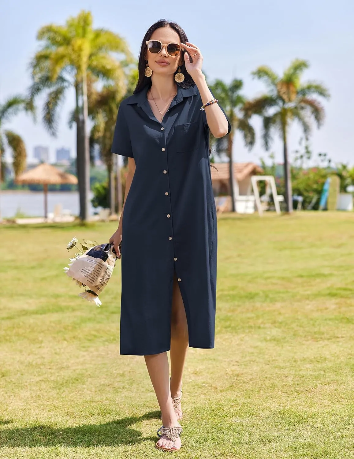 HOTOUCH Womens Dress Summer Casual Midi Short Sleeve Button Down Shirt Dress Loose Beach Cover Up Dress with Pockets