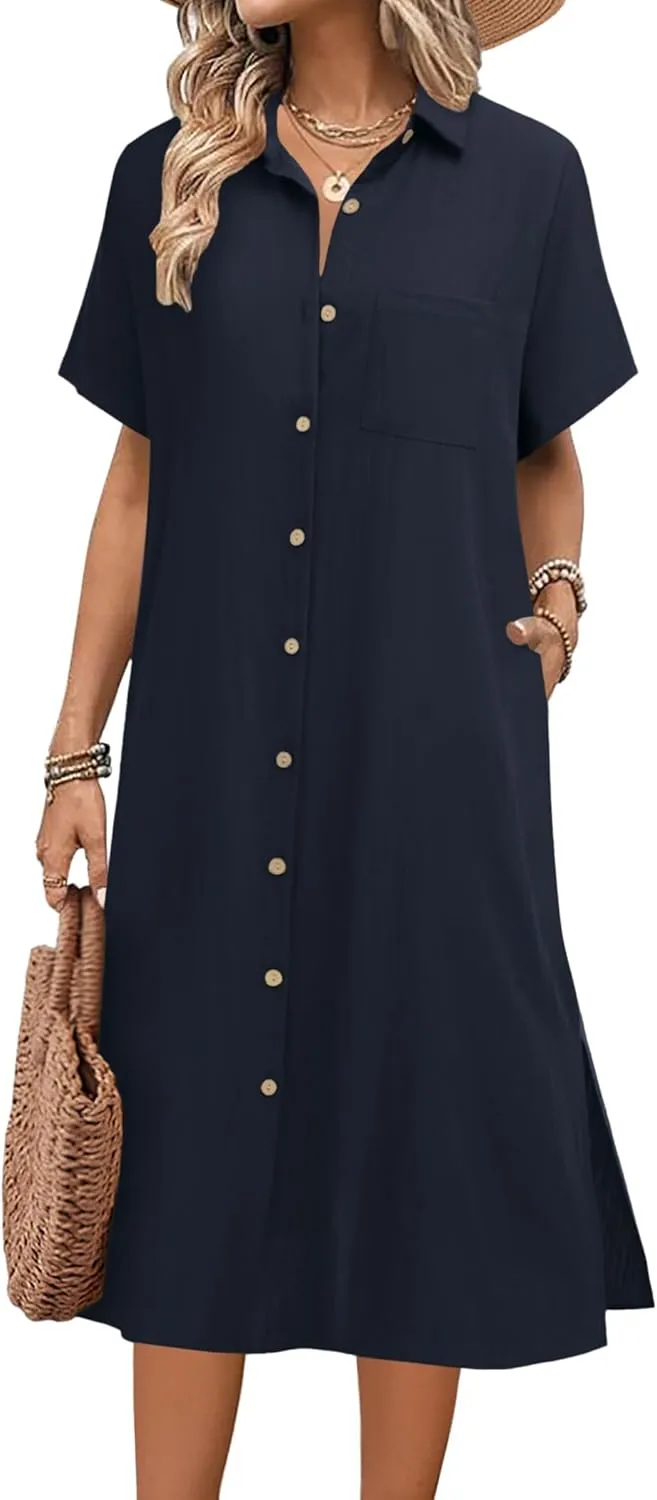 HOTOUCH Womens Dress Summer Casual Midi Short Sleeve Button Down Shirt Dress Loose Beach Cover Up Dress with Pockets