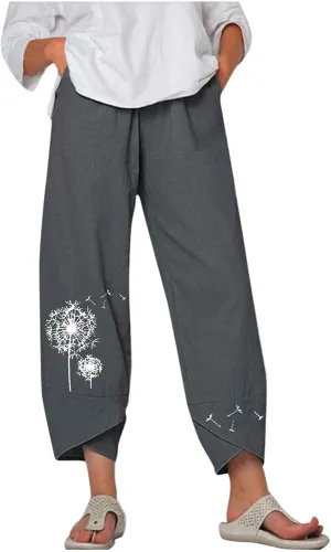 HOTYD Womens Cotton Linen Capri Pants Drawstring Elastic Waist Loose Fit Yoga Pants Baggy Cropped Trousers with Pockets