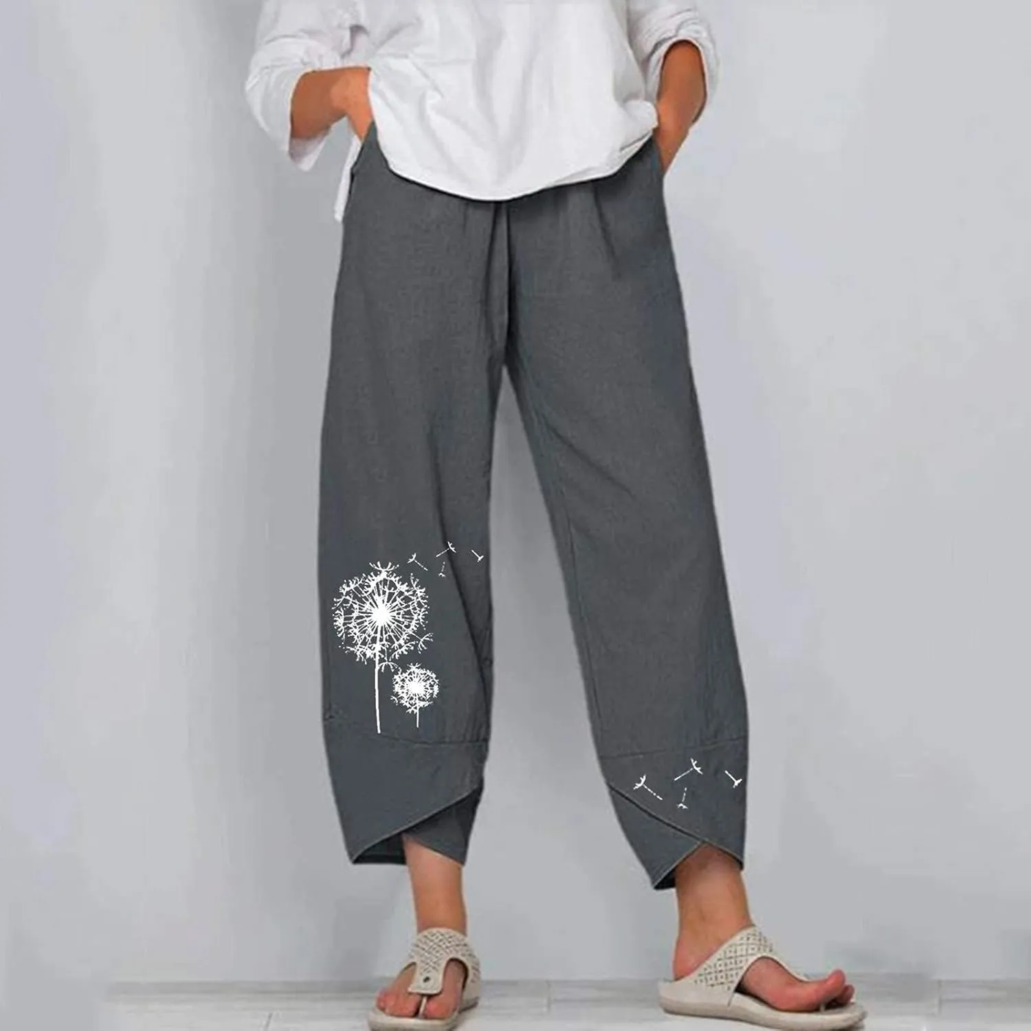 HOTYD Womens Cotton Linen Capri Pants Drawstring Elastic Waist Loose Fit Yoga Pants Baggy Cropped Trousers with Pockets
