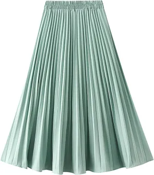 JOAU Women High Elastic Waist Pleated Midi Skirt Fashion Double Layered Solid Color Swing A-line Skirts for Evening Prom