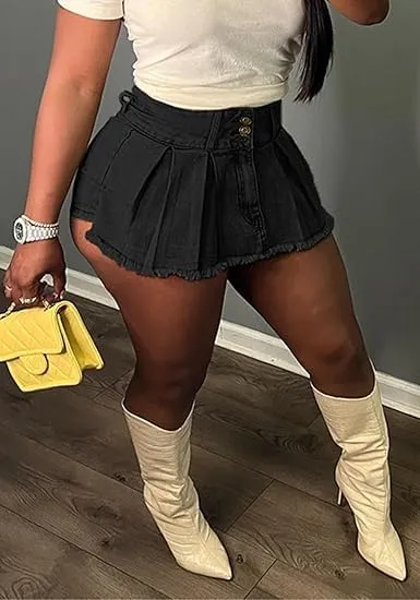 KELYWELL Women Denim Skorts Skirts Casual Pleated High Waisted Mini Skirts Shorts Jeans Summer Vintage Streetwear