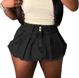 KELYWELL Women Denim Skorts Skirts Casual Pleated High Waisted Mini Skirts Shorts Jeans Summer Vintage Streetwear